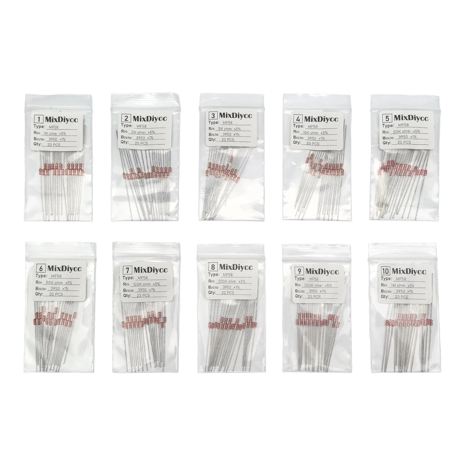 10 values kit Thermal Resistor thermistor NTC MF58 B3950 5% 1K/2K/5K/10K/20K/50K/100K/200K/500K/1M ohm Total 200 pcs