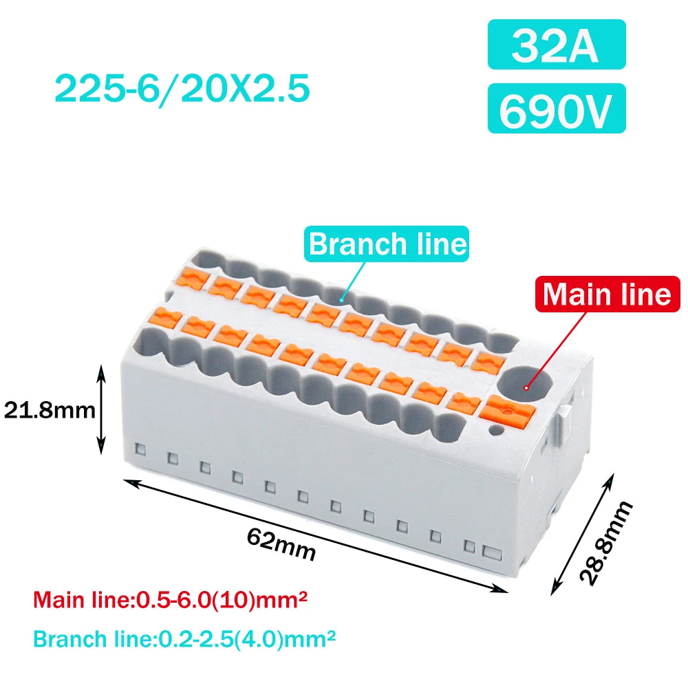 Wire Electrical Connectors PTFIX 2.5mm Wire Merging And Branching Device Push-in Terminal Block Connector Mount On Din Rail