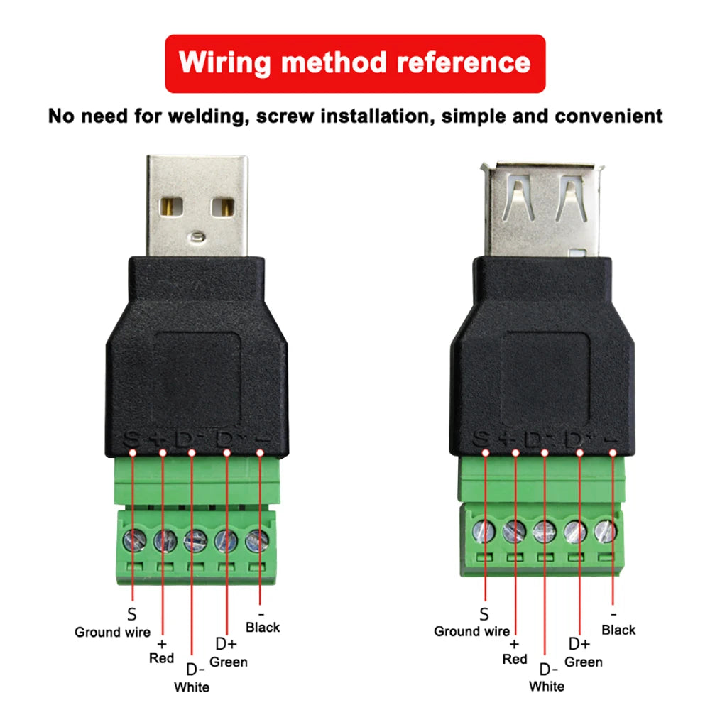 1pcs USB 2.0 Type A Male/Female to 5 Pin Screw Connector USB Jack with Shield USB2.0 to Screw Terminal Plug Soldering Free