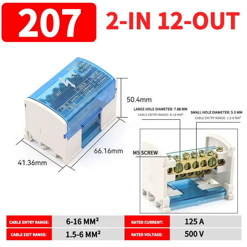 UK207 UK211 UK215 UK407 UK411 UK415 DIN Rail Terminal Block 125A Electrical Junction Box 1 In 2/4/6 Out Distribution Box