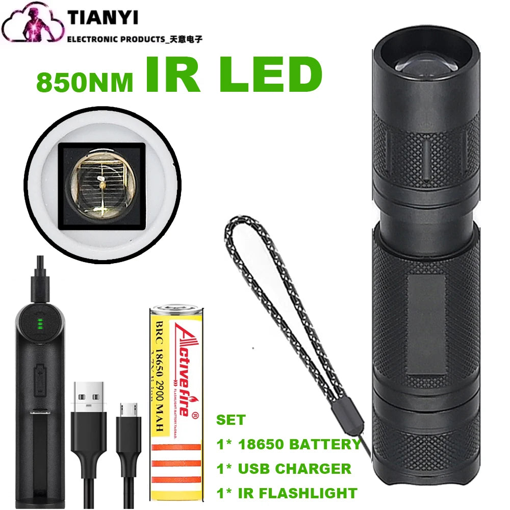 Professional Focus Night Vision Hunting Torch, Tactical Infrared Radiation Zoomable LED Flashlight, IR 850nm, 940nm, 10W