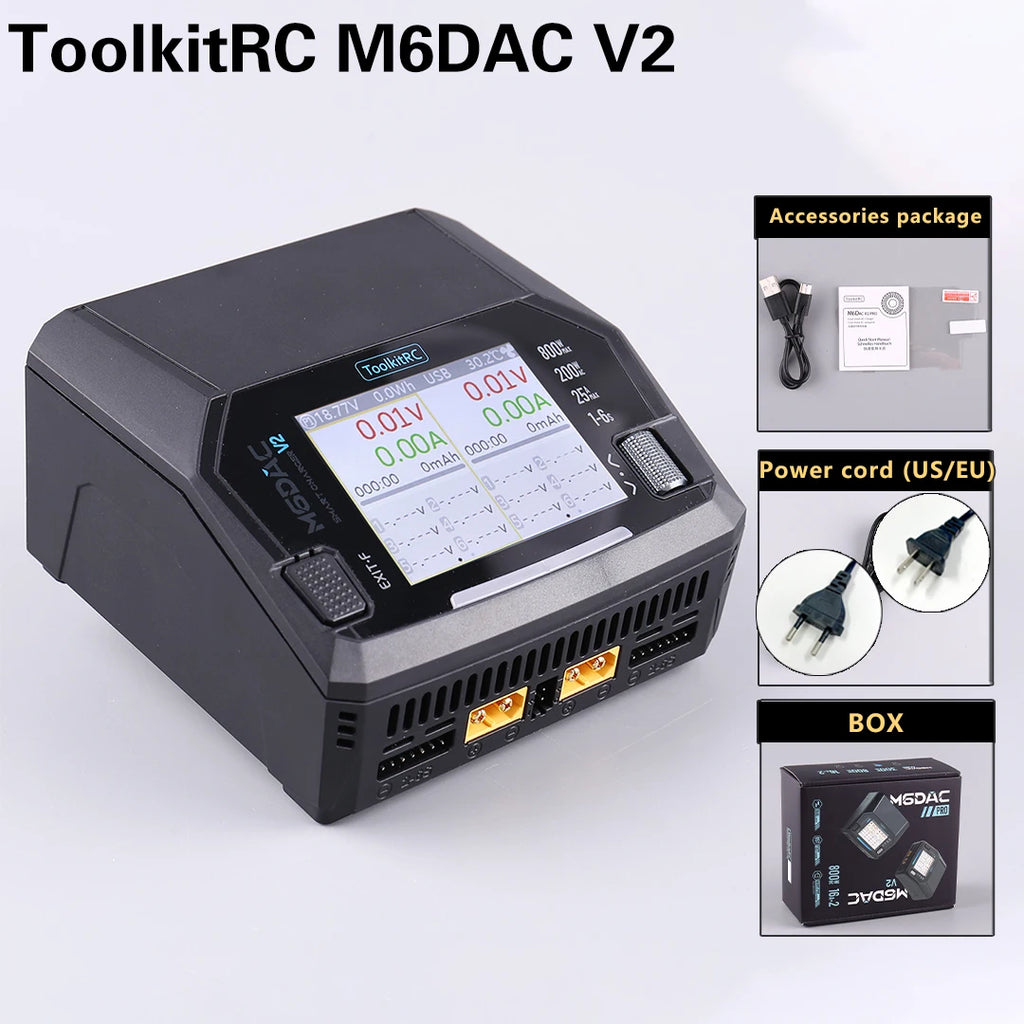 ToolkitRC M6DAC PRO V2 Dual Channel Smart Lipo Battery Charger Discharger AC 200W DC 800W 16A for 1-6S LiHV LiPo PD65W FPV Drone