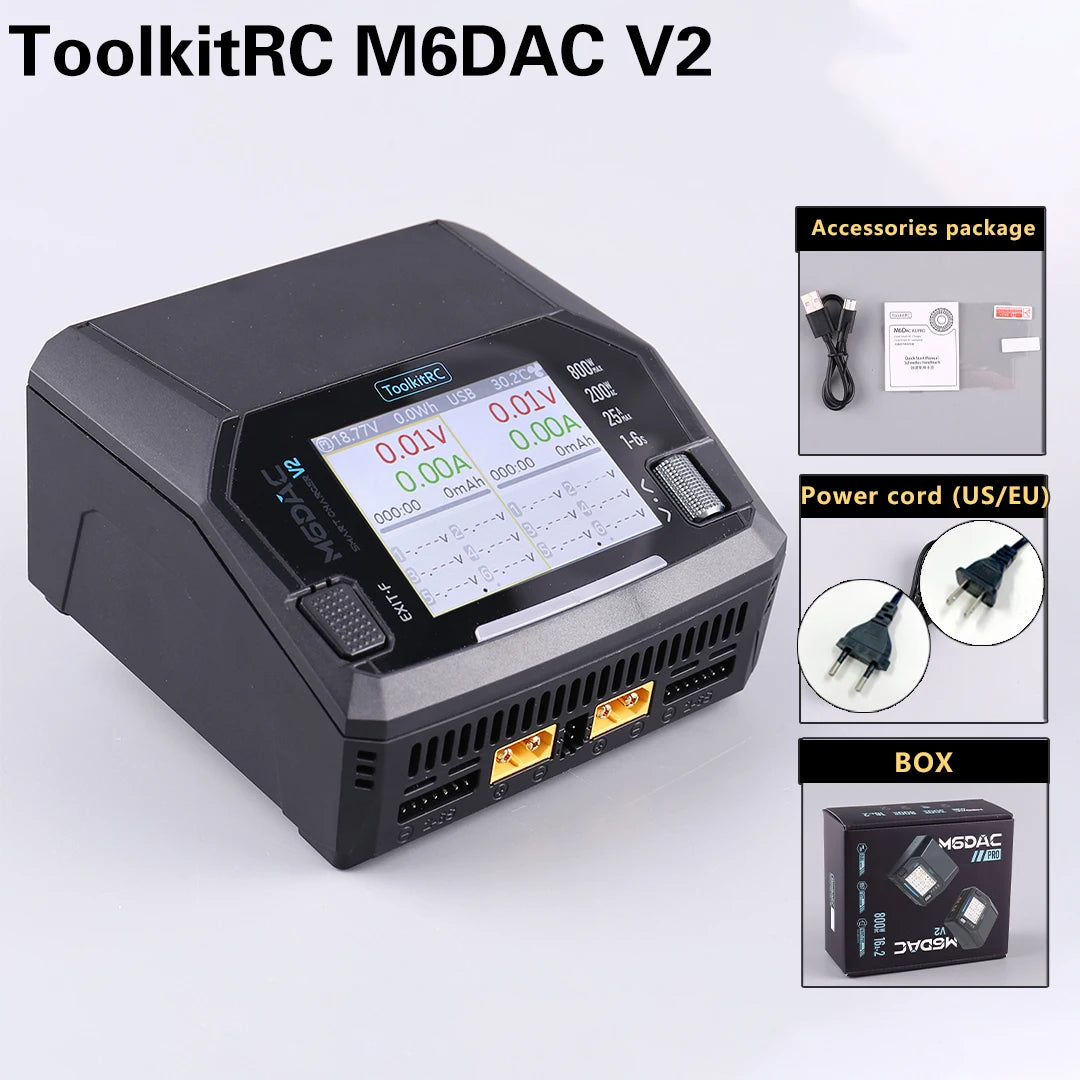 ToolkitRC M6DAC PRO V2 Dual Channel Smart Lipo Battery Charger Discharger AC 200W DC 800W 16A for 1-6S LiHV LiPo PD65W FPV Drone