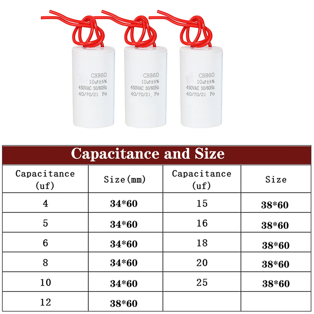 4-25uf Motor Run Capacitor, AC CBB60 Start Capacitors 450V 50/60Hz for Air Conditioner