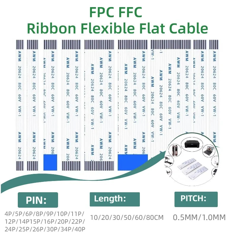 10PCS，FFC FPC Ribbon Flexible Flat Cable 4/6/8/10/12/14/16/18/20/24/30/34/40P Pin Pitch 0.5MM 1.0MM A-Type Wire Length