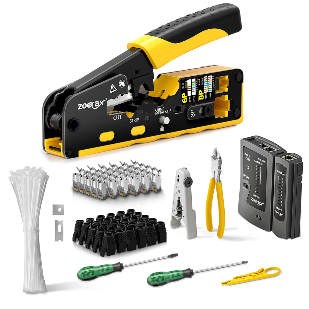 ZoeRax RJ45 Ethernet Crimping Tool for CAT8 Cat7 Cat6a Cat6 Cat5e Ethernet Connectors with wire stripping and cutting functions
