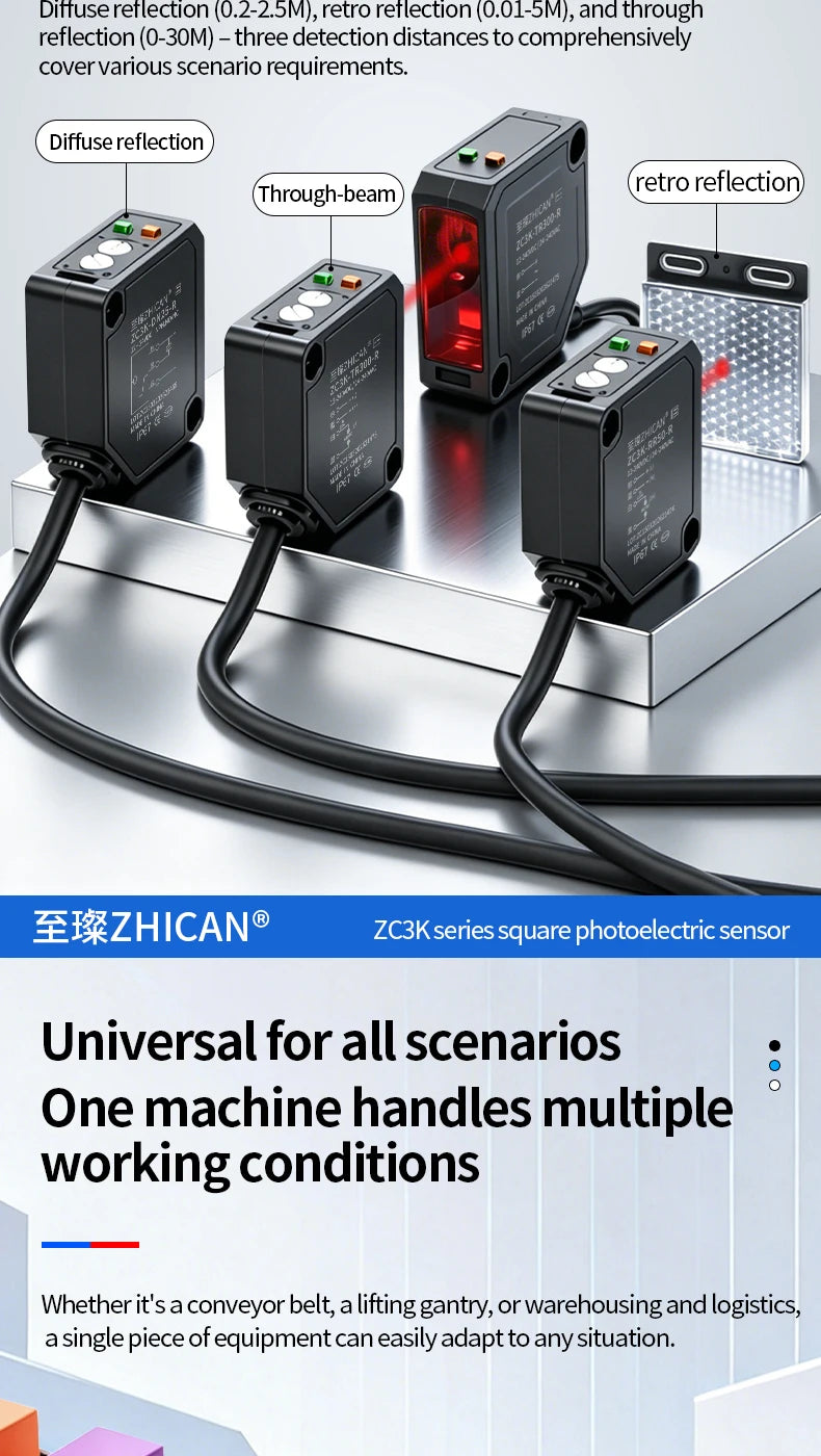Zhican Zc3K Long Range Photoelectric Sensor 0.1-30m through Beam Retro Reflective Diffuse Reflective Switch