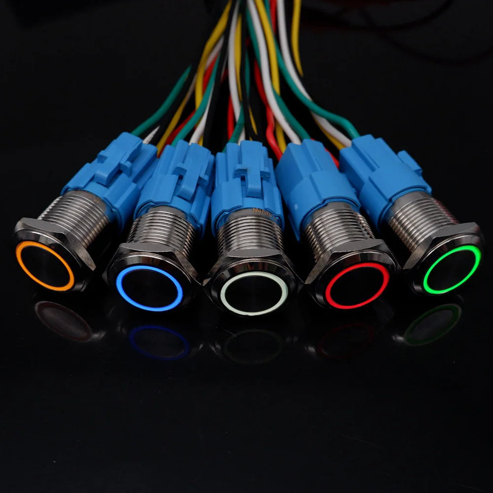 16/19/22mm Metal Push Button On Off Switch LED Light Momentary Latching Waterproof Flat Circular Button Silver Black 6v 12v 220v
