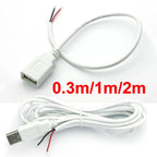 0.3m/1m/2m USB Power Supply Cable 2 Pin USB 2.0 A Female Male Charger Charging Cord Extension Connector DIY White Wire