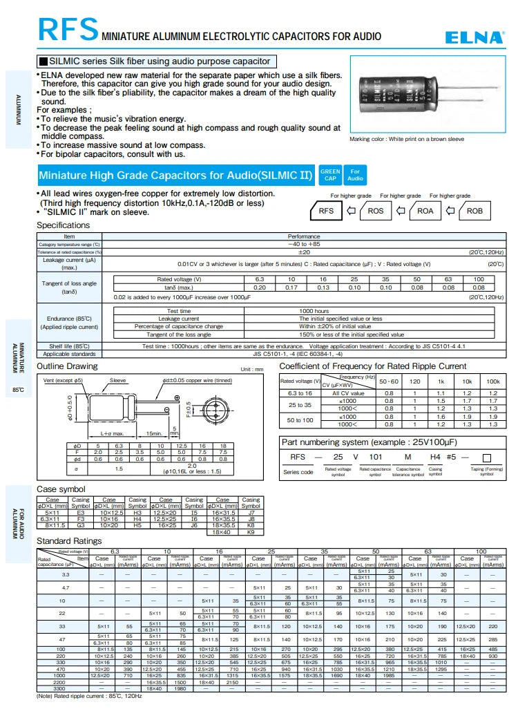 10Pcs/Lot ELNA SILMIC II RFS Series HiFi Audio Capacitor 6.3V 10V 16V 25V 50V 63V 100V 10uF 22uF 47uF 100uF 220uF 470uF 1000uF