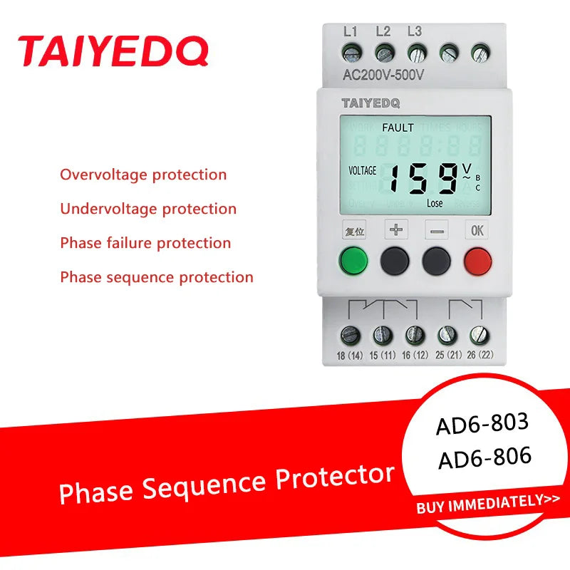 380V With LCD Backlight Display 3 Phase Din Rail Adjustable Under Over Voltage Protector Monitoring Sequence Protection Relay