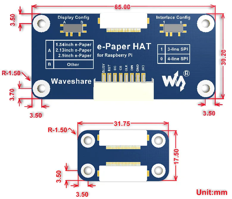 Waveshare 800*480,7.5inch E-Ink Display HAT for Raspberry Pi 2B/3B/Zero/Zero W,Two-color:Black White,SPI interface,No Backlight