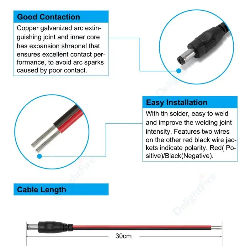 5.5 2.1mm Male Female DC Power Pigtail Connector Cable 12V 5A DC Barrel Plug Terminals for LED Strips CCTV Camera Power Adapter