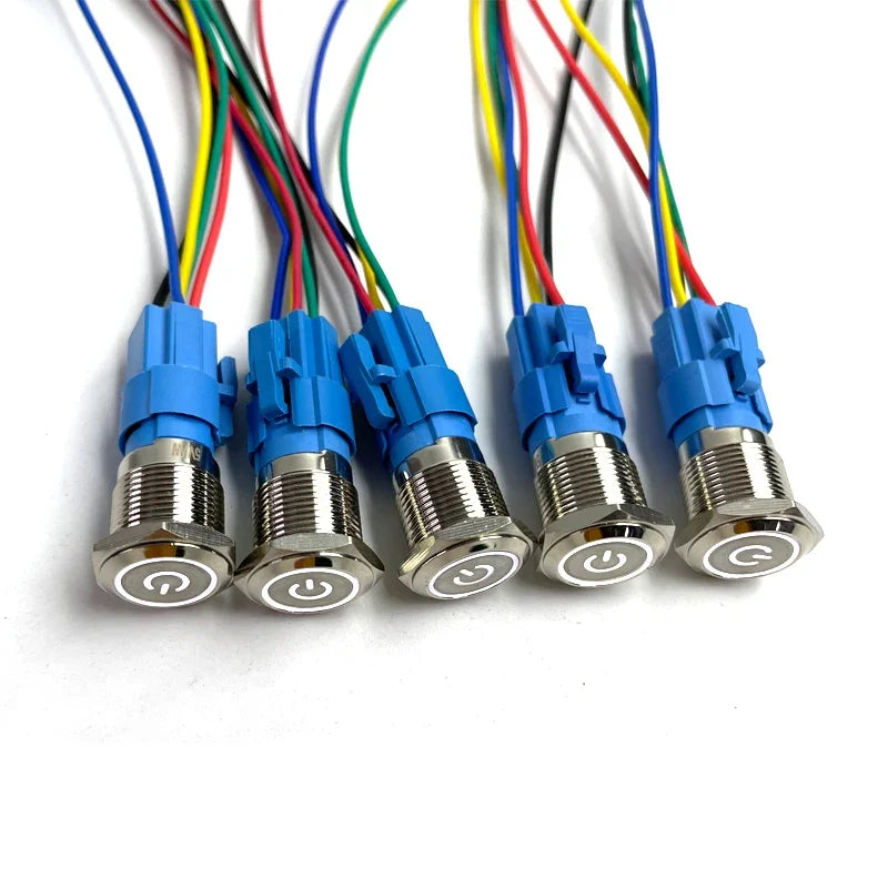 5 pcs Metal Push Button Switch 12v 16mm 19mm 22mm Ring Lamp Power Symbol Waterproof LED Light Self Lock Reset with Connector 220