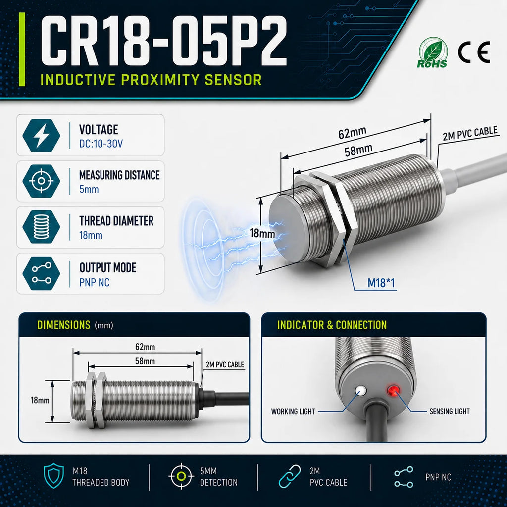 GTRIC M18 Capacitive Proximity Sensor DC 10-30V 3-Wire NPN PNP NO NC Flush Non-Flush Non-Metal Detection Switch with 2m Cable