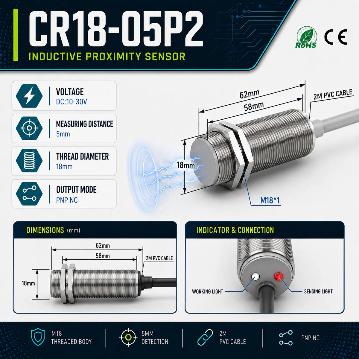 GTRIC M18 Capacitive Proximity Sensor DC 10-30V 3-Wire NPN PNP NO NC Flush Non-Flush Non-Metal Detection Switch with 2m Cable