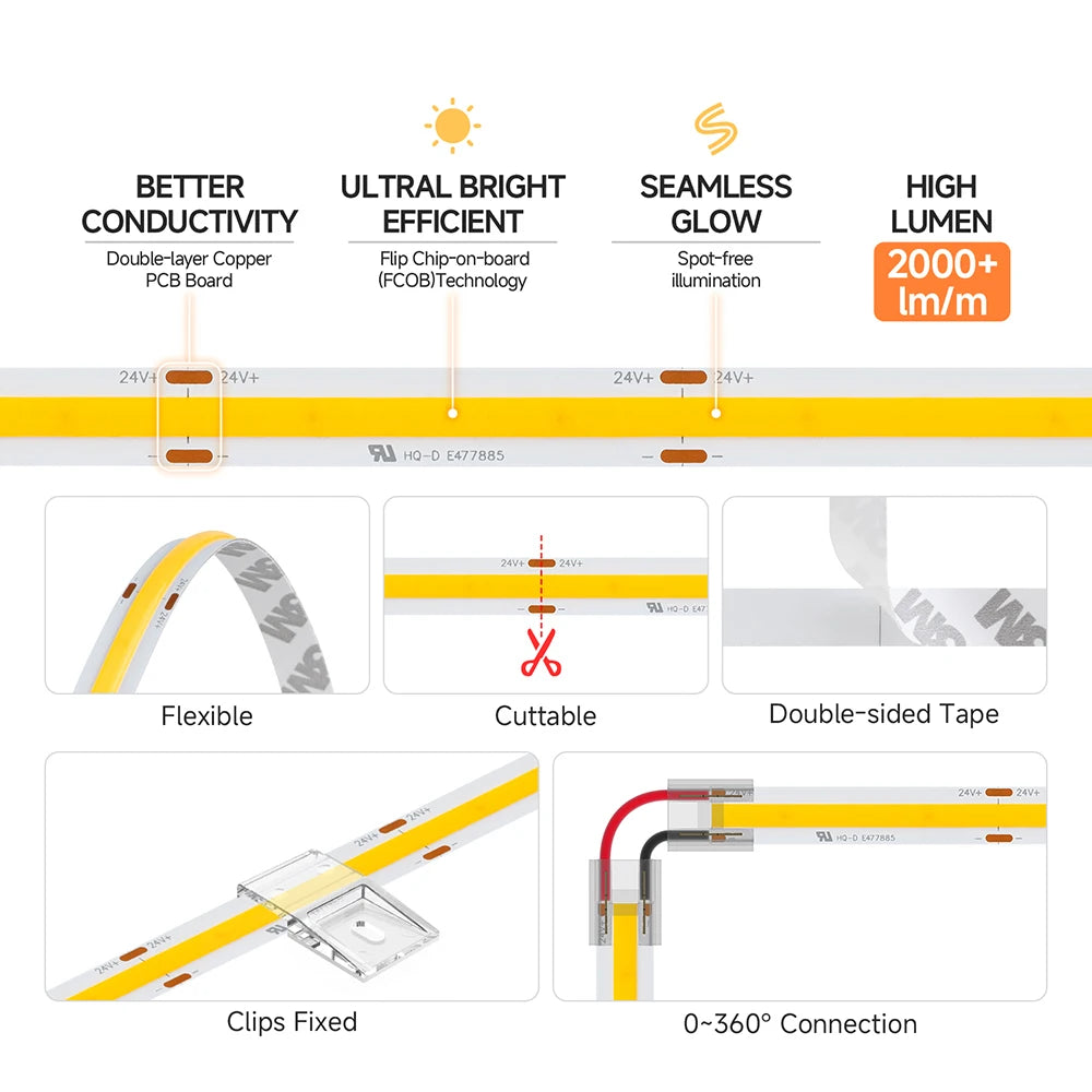 Super Bright 480 LEDs FCOB LED Strip Ultral Bright Efficient COB Light 2700K 6000K Dimmable Linear Flexible RA90 UL CE DC24V