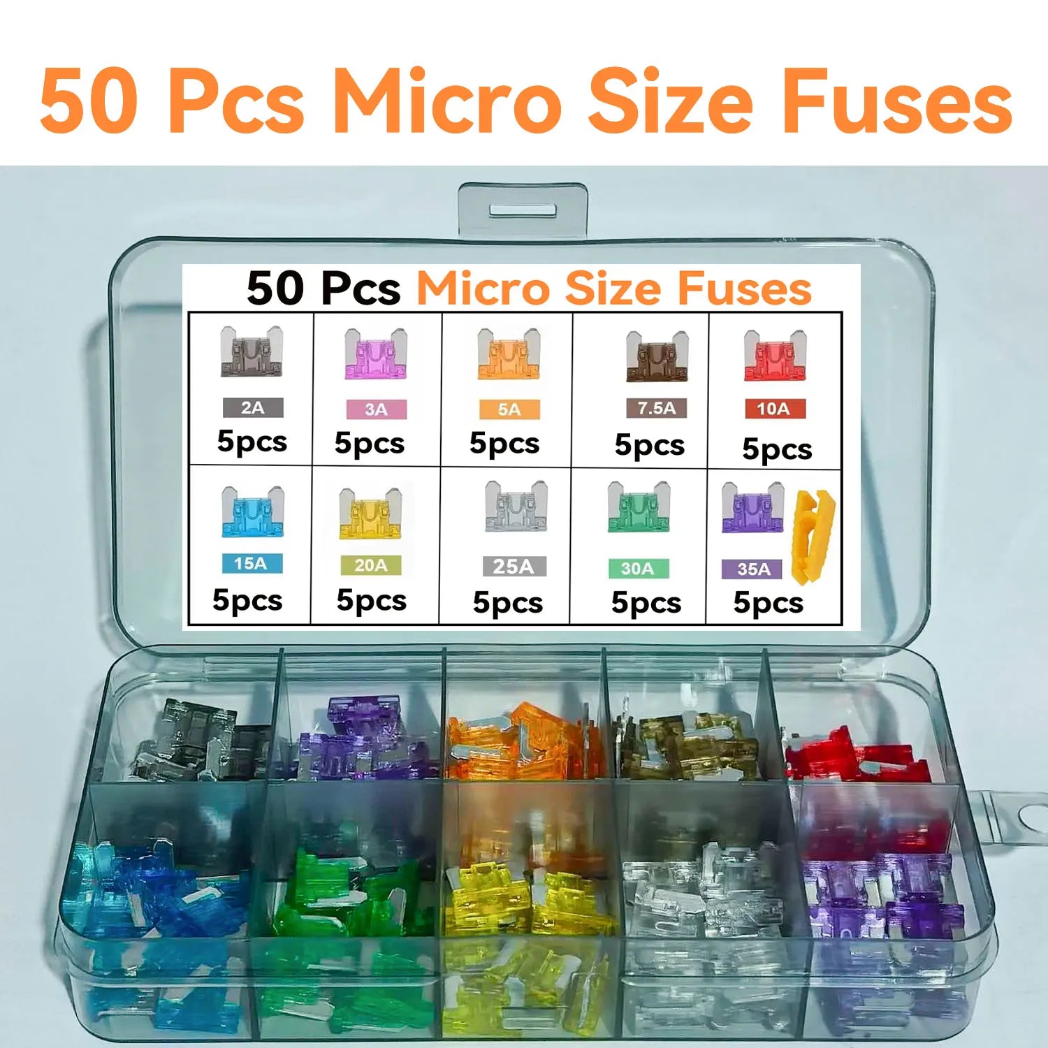 50pcs 100pcs Car Fuse Assortment Set 10 Sizes 2-35A Profile Medium Mini Micro Blade Type Fuses with Storage Box for Auto Truck