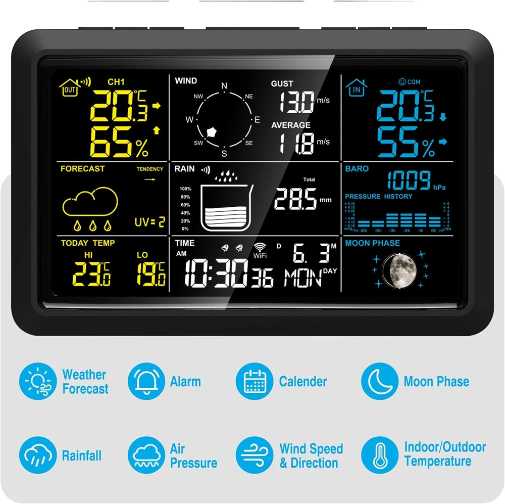 Tuya Wireless Weather Station Auto Alarm Clock Calendar Thermo-Hygrometer UV Wind Rainfall Gauge Solar Panel Forecast Sensor