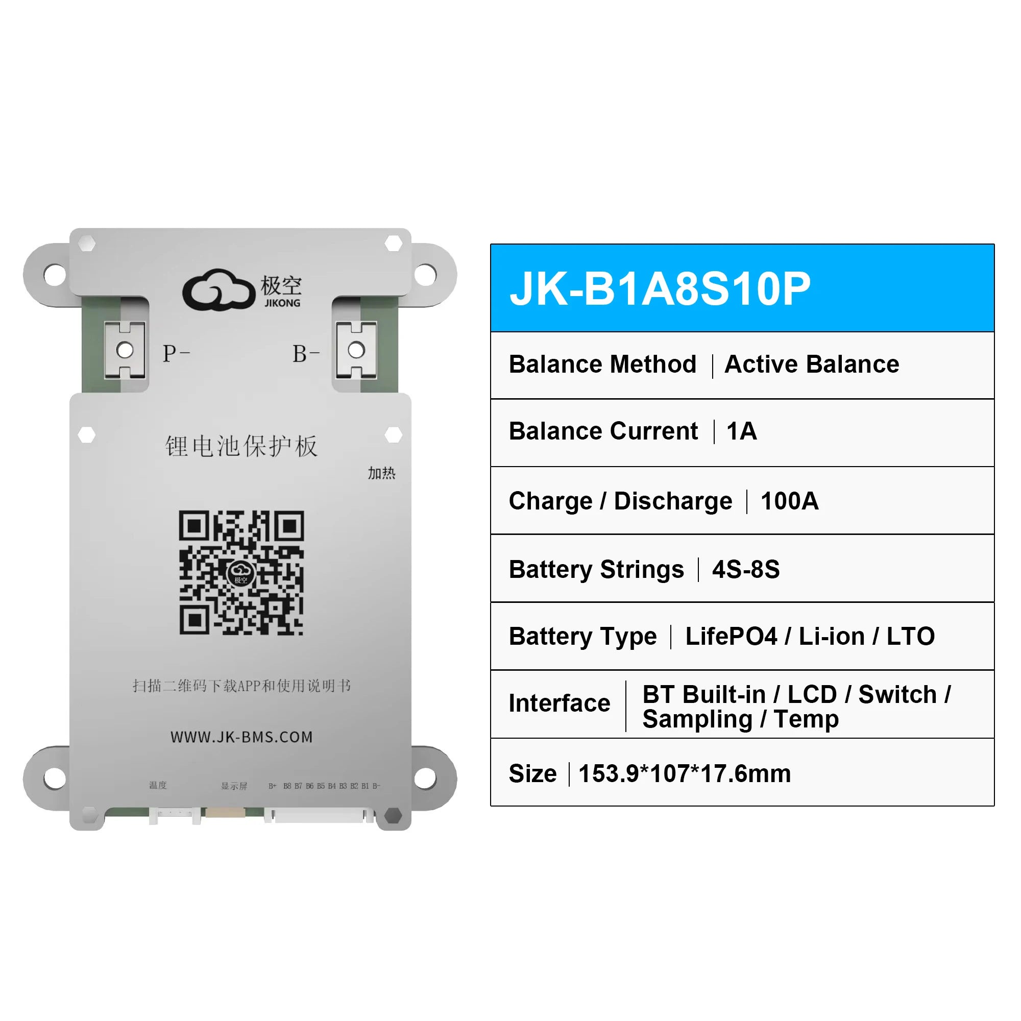 JK SMART ACTIVE BMS B1A8S10P 4S 5S 6S 7S 8S Smart Bms 100A Lifepo4 Li-Ion LTO Battery Active Balance 1A BT CANBUS Heat RS485