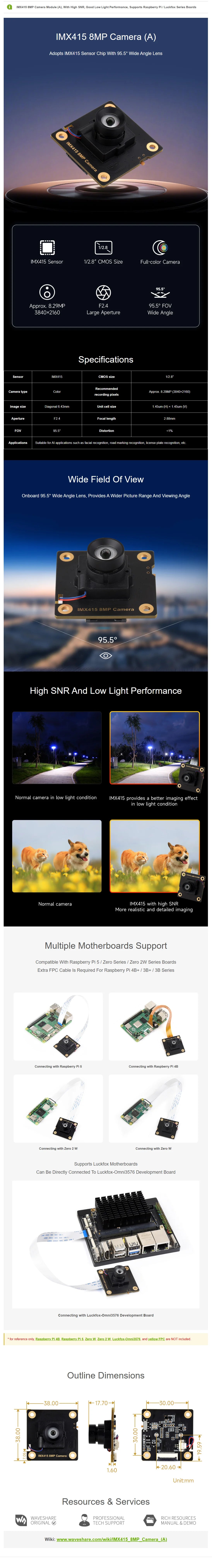 Waveshare IMX415 8MP Camera Module (A), With High SNR, Good Low Light Performance, Supports Raspberry Pi/Luckfox Series Boards
