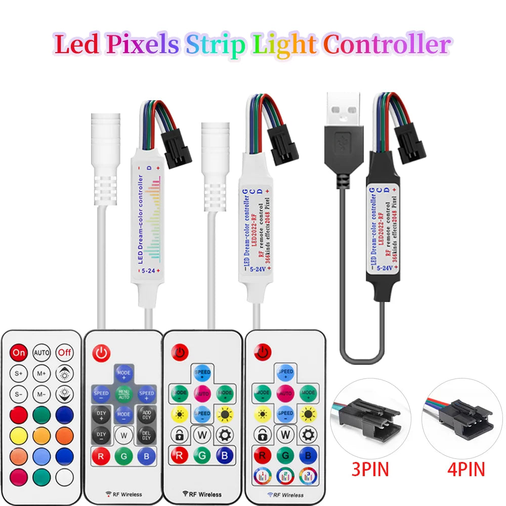 WS2811 WS2812B WS2813 WS2815 LED Pixels Strip Light Controller 3/4PIN USB/DC RF 14/17/21Keys LED Tape Remote Controller DC5-24V
