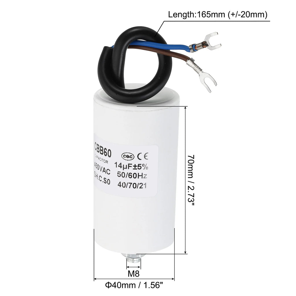 5-22uf CBB60 Run Capacitor AC 450V U Terminal Wires 50/60Hz Cylinder Bottom with M8 Screw for Washing Machine Pump Motor Star