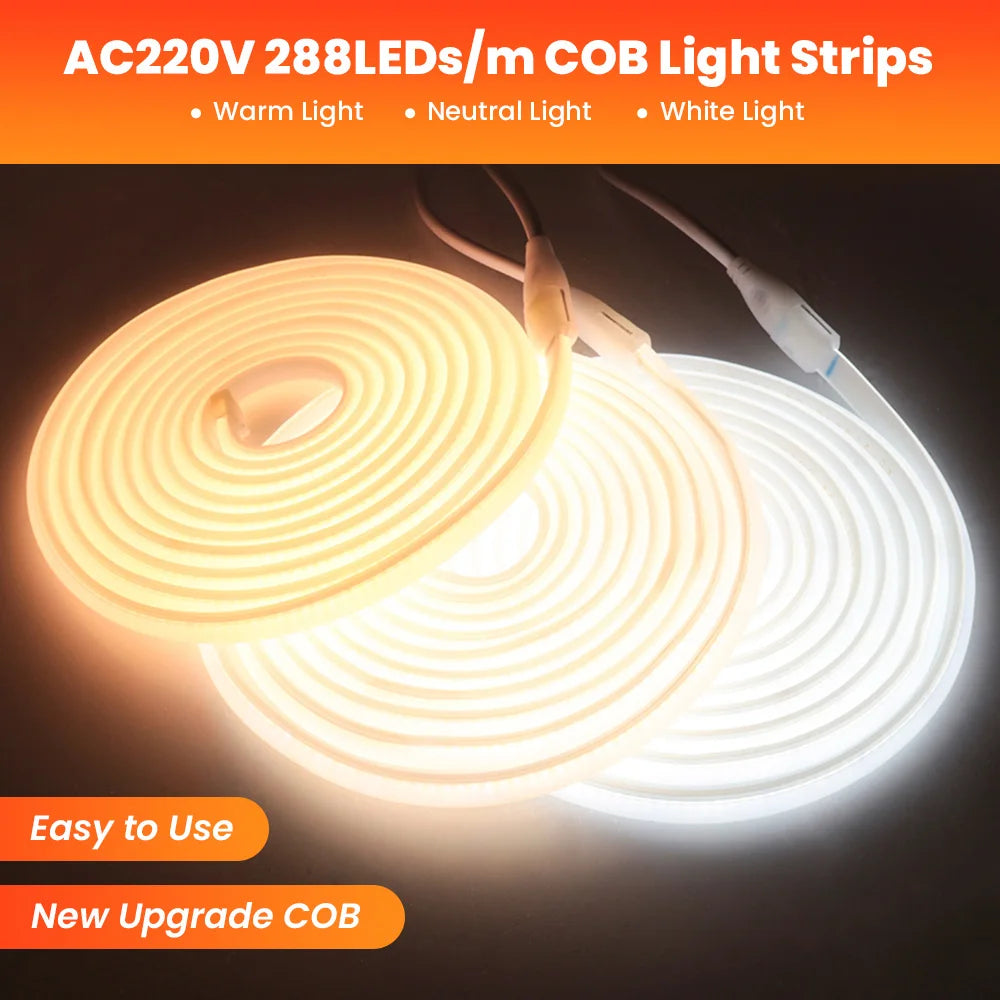 Wall Touch Wifi Bluetooth COB LED Neon Strip Light 220V Dimmable 23key Remote Control Power Kit AC 220V 288LED/m Waterproof Rope