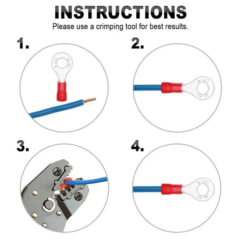 50PCS Ring Crimp Terminals Electrical Wire Connector M3/M4/M5/M6/M8/M10/M12 Insulation Ferrule Lug Quick Splice Connection Screw