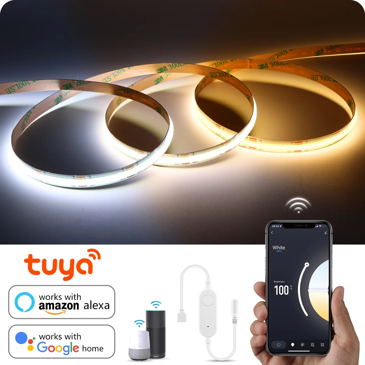 CCT 2700K-6500K Changeable Lamp Tuya Smart Home COB LED Strip Alexa Light Linear LED Tape With Dimmable WiFi LED Dimmer Switch