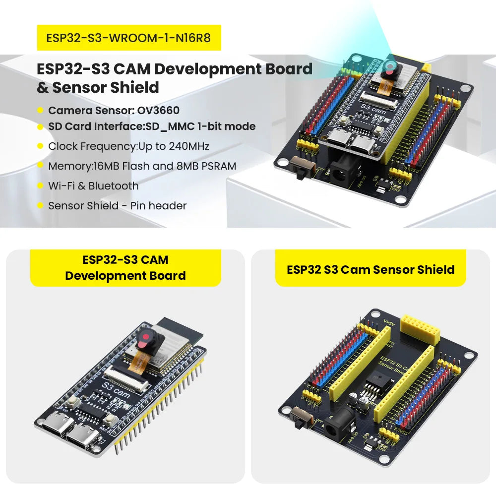 1 Set ESP32-S3 CAM Development Board N16R8+Type C USB Cable with ESP32 S3 Cam Sensor Shield for Arduino ESP32 S3 IDE Programming