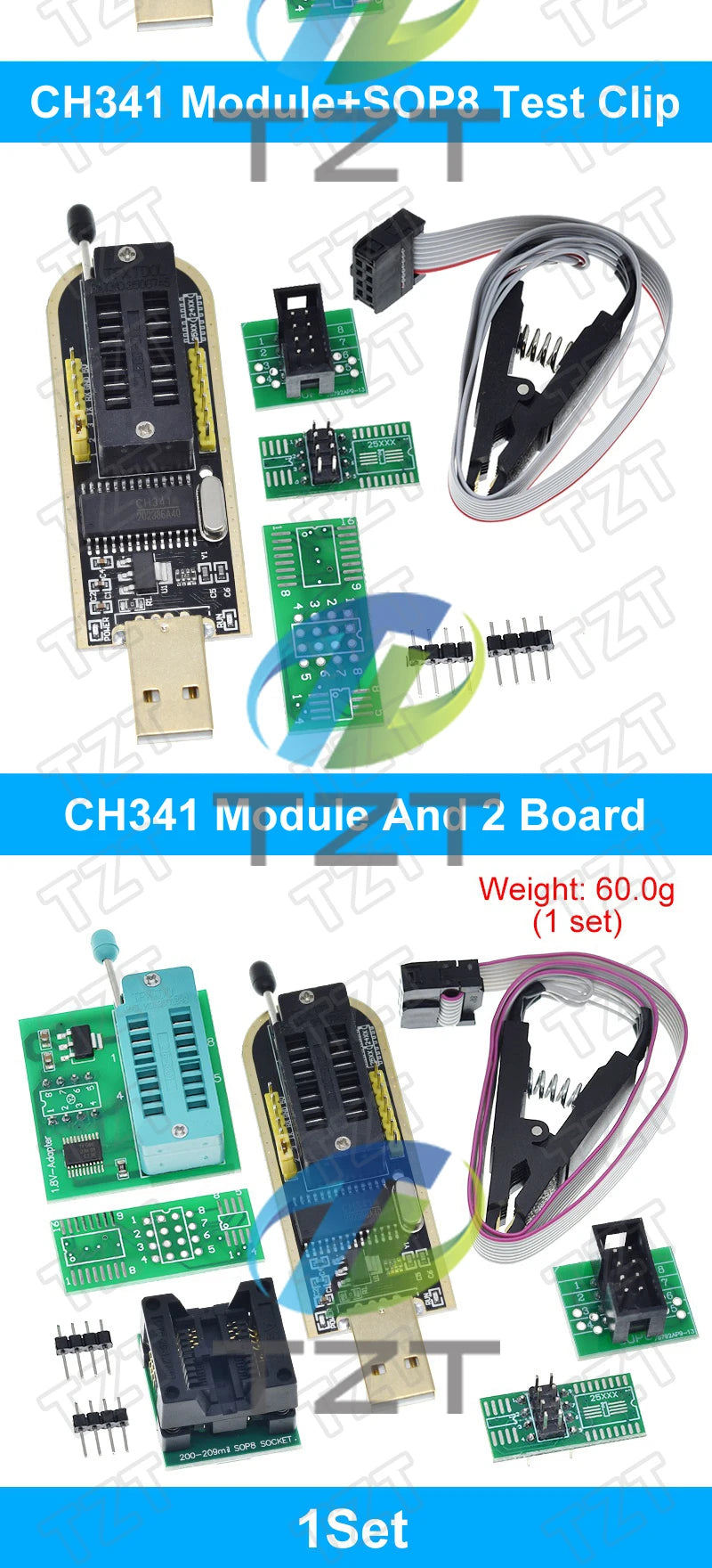 CH341A CH341B 24 25 Series EEPROM Flash BIOS USB Programmer Module + SOIC8 SOP8 Test Clip + 1.8V adapter + SOIC8 adapter DIY KIT