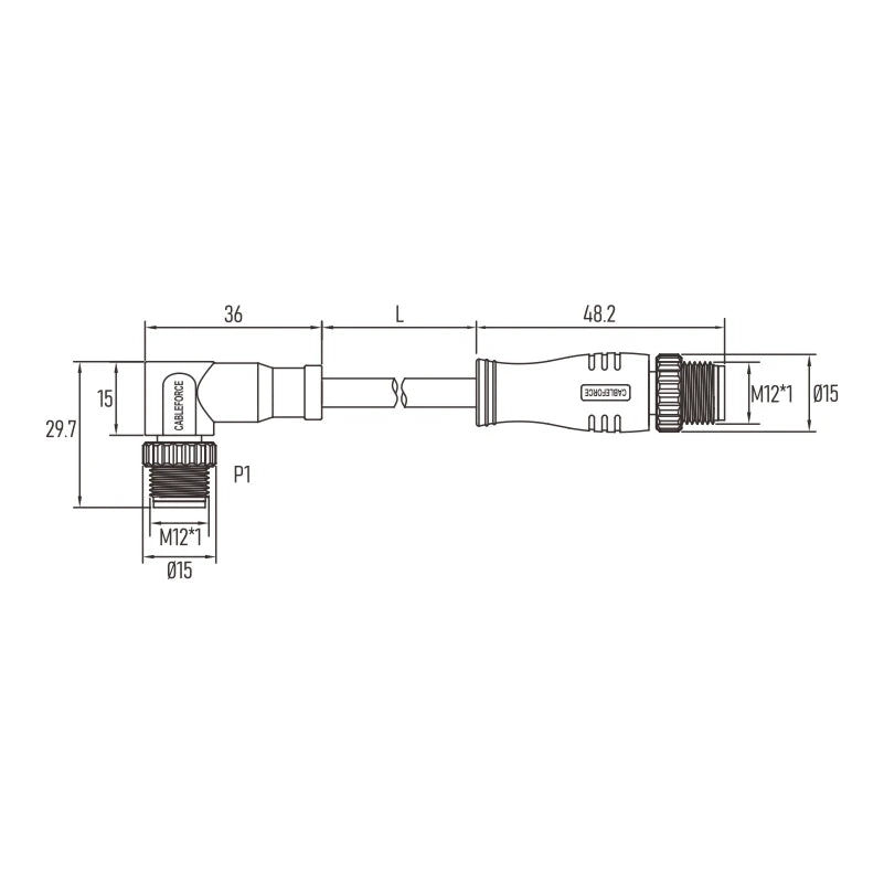 M12 X Code Male Straight to Male Angled Connector 8 Pin Molded 1M PUR  6A Ethernet Cable