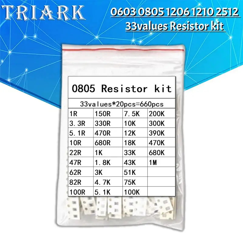 330/660/1650pcs 33values 0402 0603 0805 1206 1210 2512 SMD Chip Resistor Kit 1R~1M 10R 100R 220R 1K 10K 100K 680K sample pack