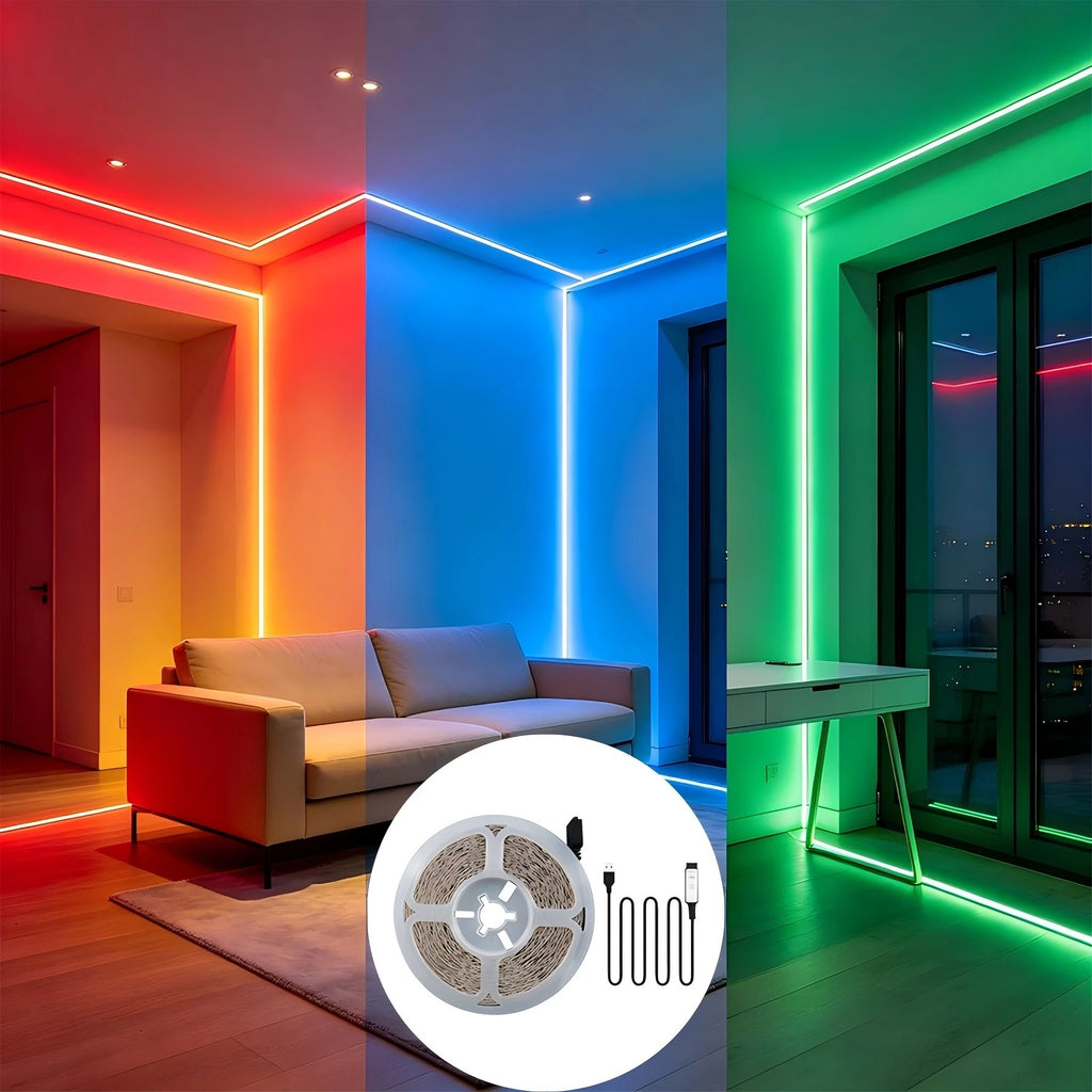 5V RGB light strip with 3-button control, USB powered, suitable for game rooms, living rooms, bedrooms, and holiday decorations.