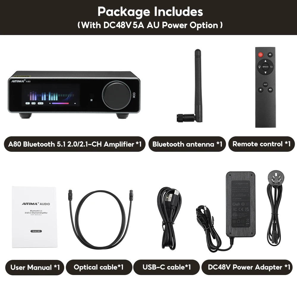 AIYIMA A80 Upgraded TPA3255 DAC Bluetooth PFFB Stereo Power Amplifier 300Wx2 Class D HiRes Digital Amp RCA TRS OPT COA USB Input