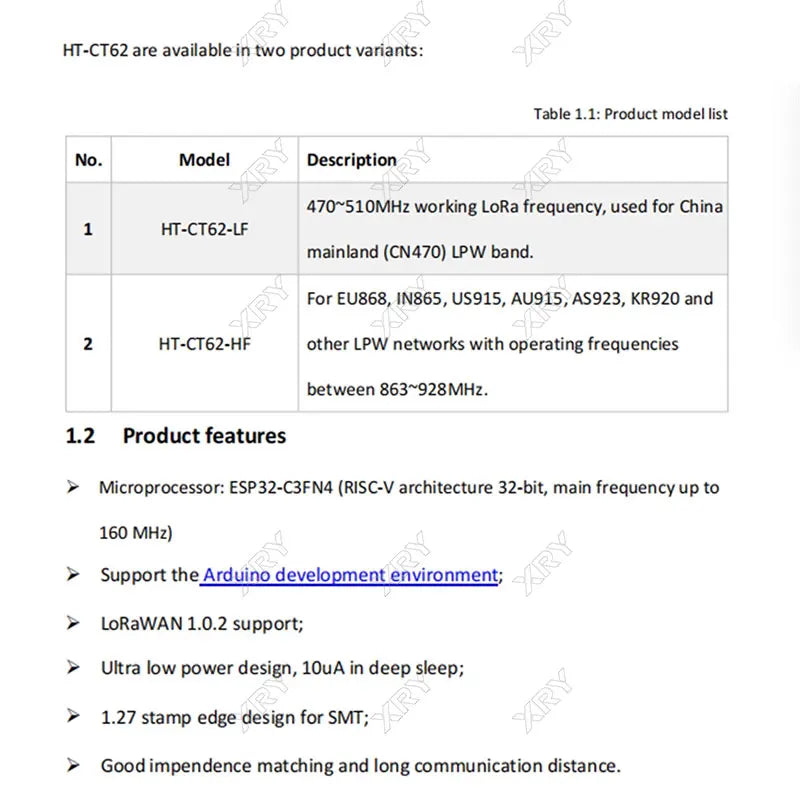 XRY 1PCS HT-CT62 ESP32C3 SX1262 Bluetooth-compatible BLE LoRa LoRaWAN Node WiFi Wireless Module 433-510MHz 863-928MHz Antenna