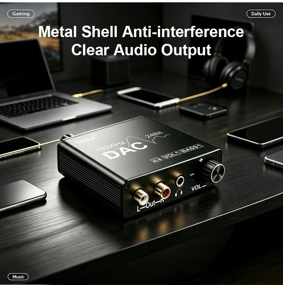 192KHz/24Bit DAC Digital to Analog Audio Converter Digital SPDIF Optical Toslink Coaxial to Analog Stereo L/R RCA and 3.5mm Jack