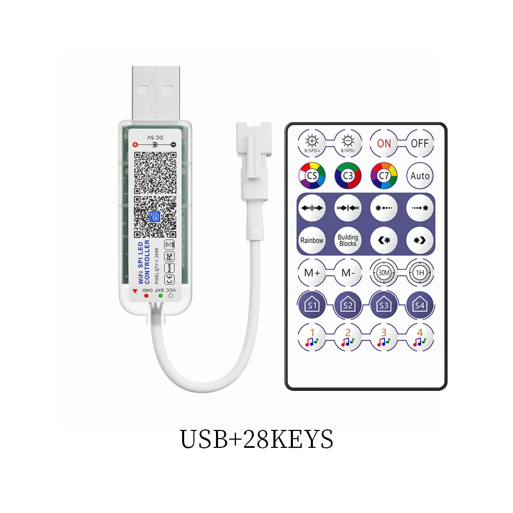 2.7mm WS2812 RGBIC LED Light 160Leds/M WS2812B 2020SMD Addressable Strip Lamp With DC/USB 28keys BT Music Led Controller DC5/12V