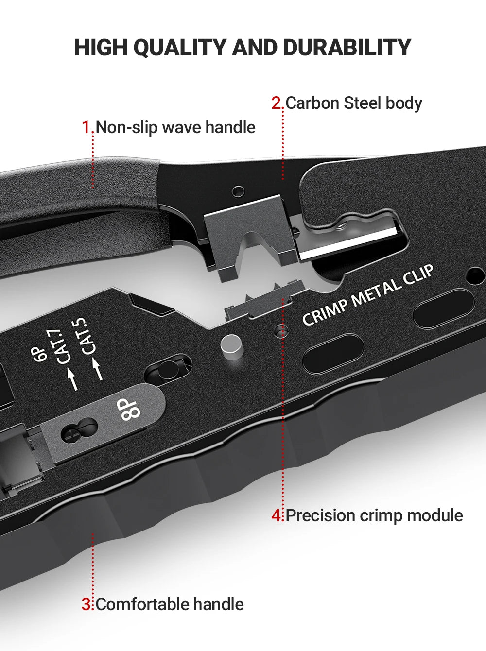 AMPCOM RJ45 Crimper CAT7 Crimping Tool for Pass Through RJ11 RJ45 Connector CAT6 CAT5E Modular Plugs With Wire Stripper Cutter
