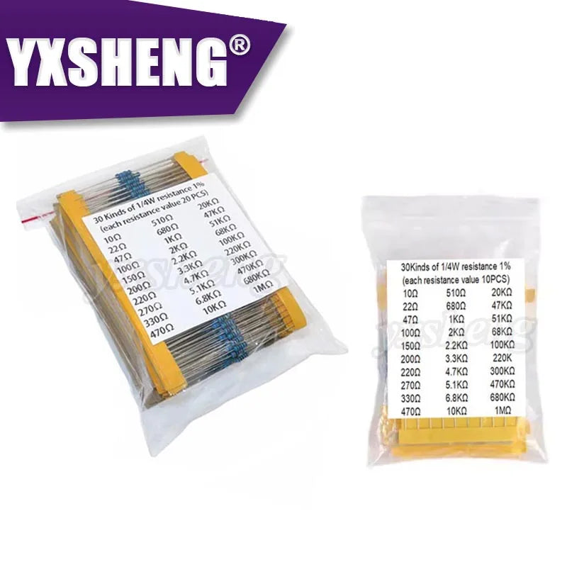 300/600PCS/Set 30 Kinds 1/4W Resistance 1% Metal Film Resistor Pack Assorted KIT Set1K 10K 100K 220ohm 1M Resistors