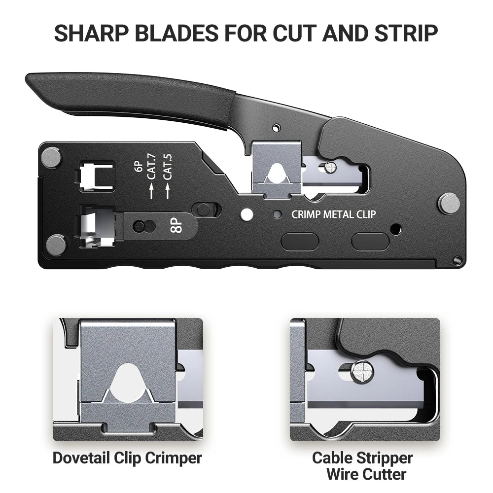 AMPCOM RJ45 Crimper CAT7 Crimping Tool for Pass Through RJ11 RJ45 Connector CAT6 CAT5E Modular Plugs With Wire Stripper Cutter