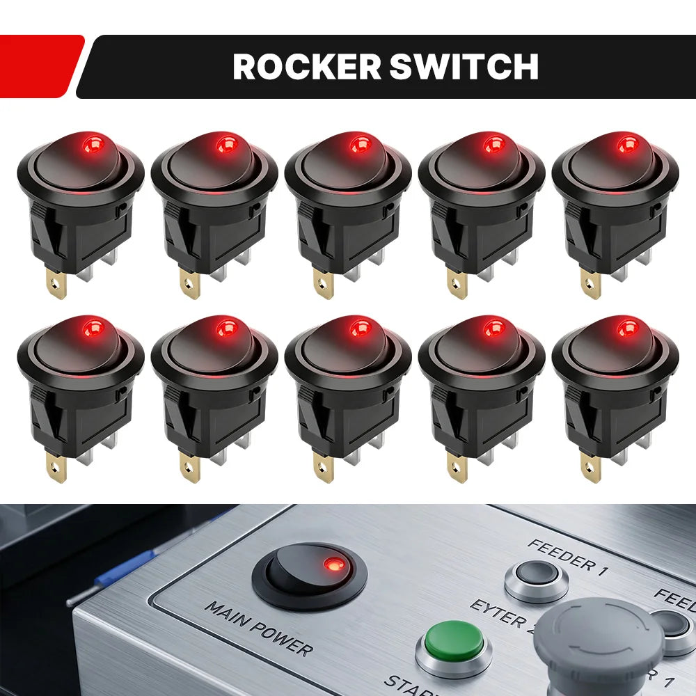 FILN 10Pcs 12V 24V 110V 220V Round Rocker Switch 3 Pin ON OFF LED Lighted Car Dash Boat Marine RV SPST Toggle Switch