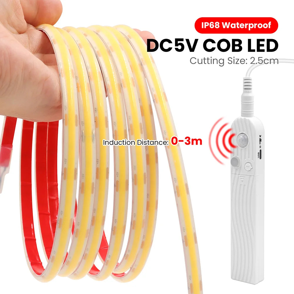 IP68 Waterproof COB Led Strip Light Motion Sensor 5V Battery USB Powered Auto ON/OFF Cabinet Kitchen Staircase Liner Lighting
