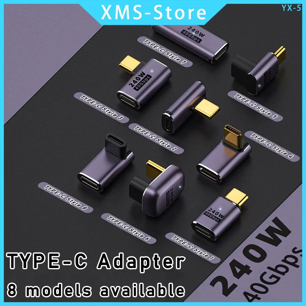 5A Type-C OTG Adapter 240W Fast Charging Data Converter USB4.0 40Gbps Support 8K 60Hz USB C 90/180 Degree Elbow Adapter