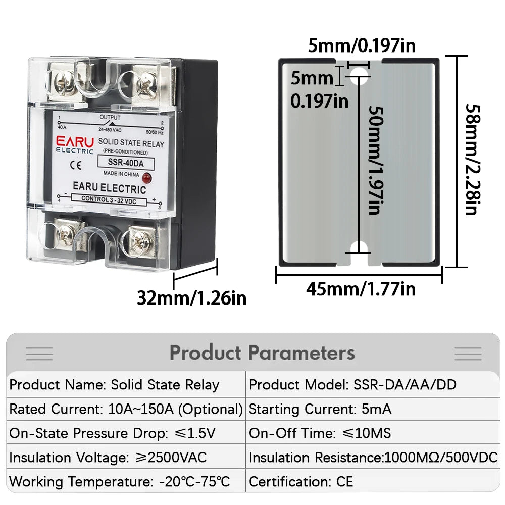 EARU Single Phase Solid State Relay Module SSR-25DA SSR-40DA SSR-40AA SSR-40DD SSR 10A/25A/40A/60A/80A/100A/120A/150A DD DA AA