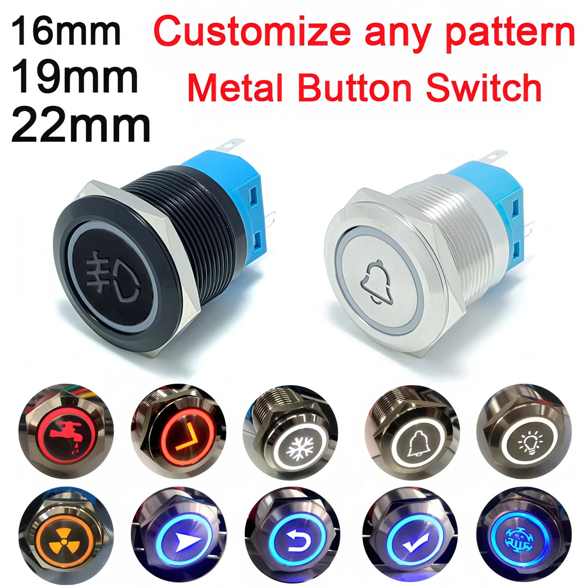 Custom Metal Push Button Switch 16mm 19mm 22mm Black Laser Luminous Waterproof Momentary Latching 12V 24V Motorcycle Car Switch