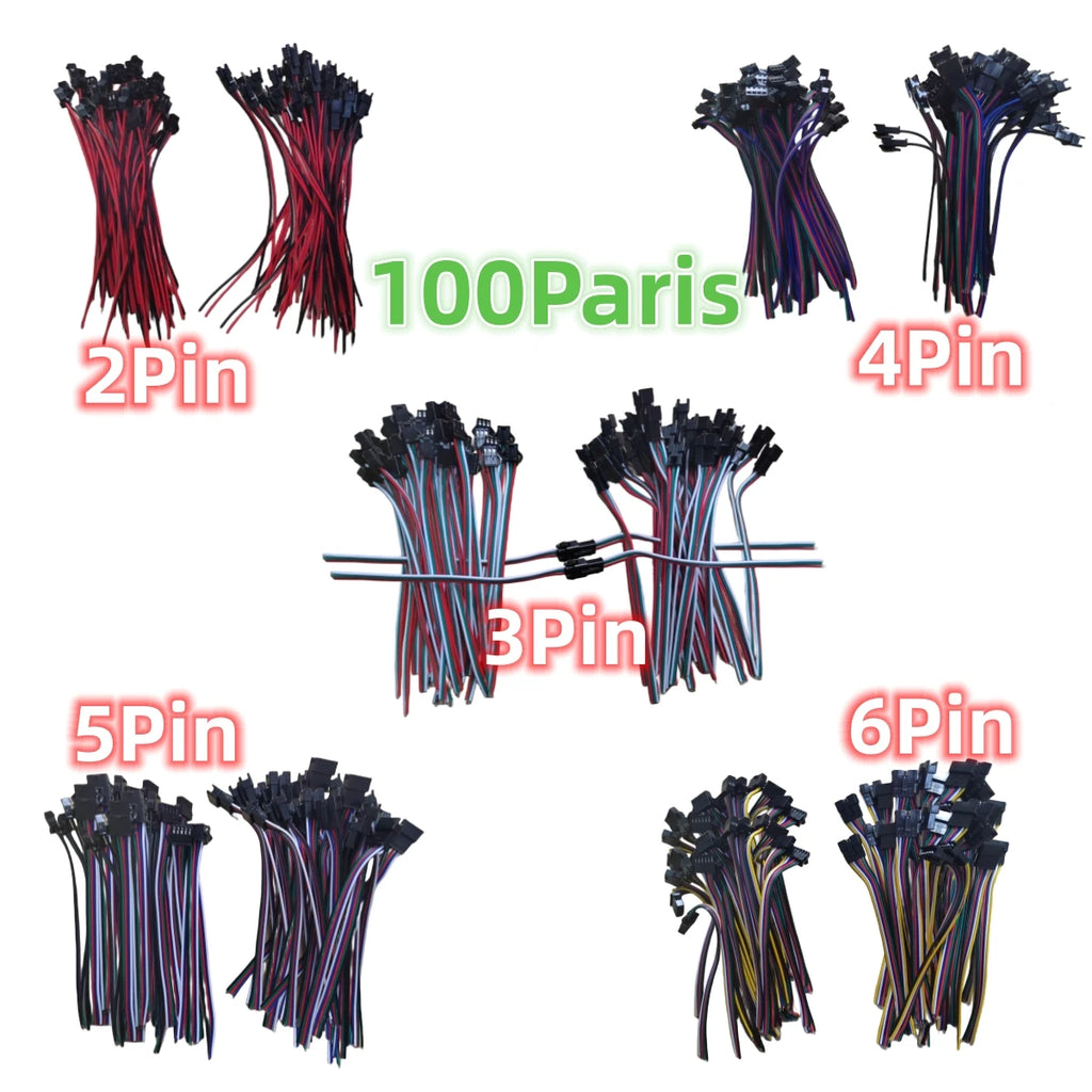 100Pairs 2pin/3pin 4pin 5pin 6Pin JST Male To Female Led Connector 15cm Wire for 2811 5050 RGB RGBW RGBCCT Led Strip Lamp Driver