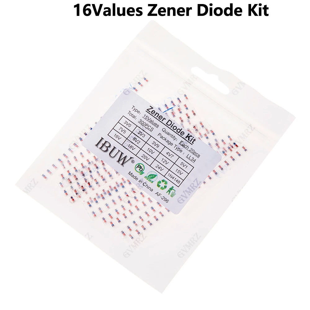 300PCS 16Values Zener Diode Kit 3V0-24V 1N4148 LL34 for Voltage Regulation Projects 3V0 3V3 3V9 4V7 16V 24V 18V 20V 7V5 8V2