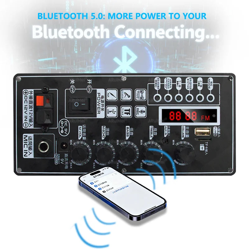 50W Metal Shell Bluetooth Amplifier Board with Display | 7.4V-12V Input | Power Adapter Cable Included